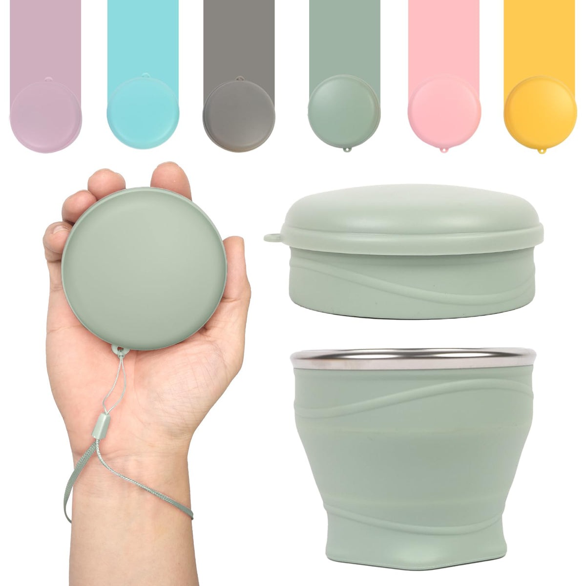Collapsible Cup with Lid - 6oz Mini Silicone Folding Travel Cup with Steel Rim - BPA Free Small Portable Pocket Cup for Camping, Hiking, Kids, Mouthwash & Pills (Creamy yellow)