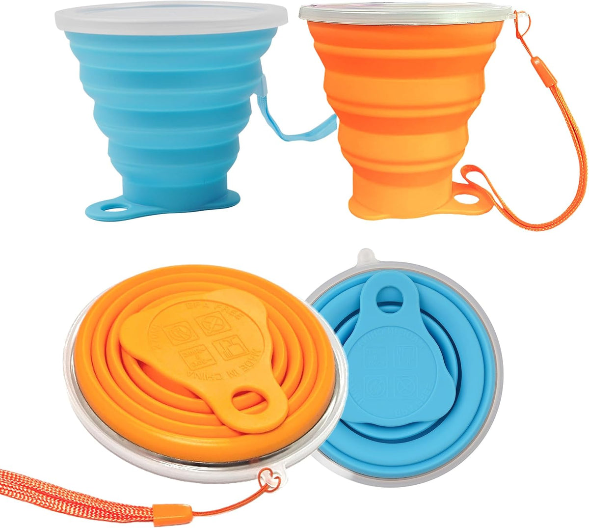 2 Pack Collapsible Silicone Travel Cups with Lids Portable Folding Camping Cups (Grey & Blue)
