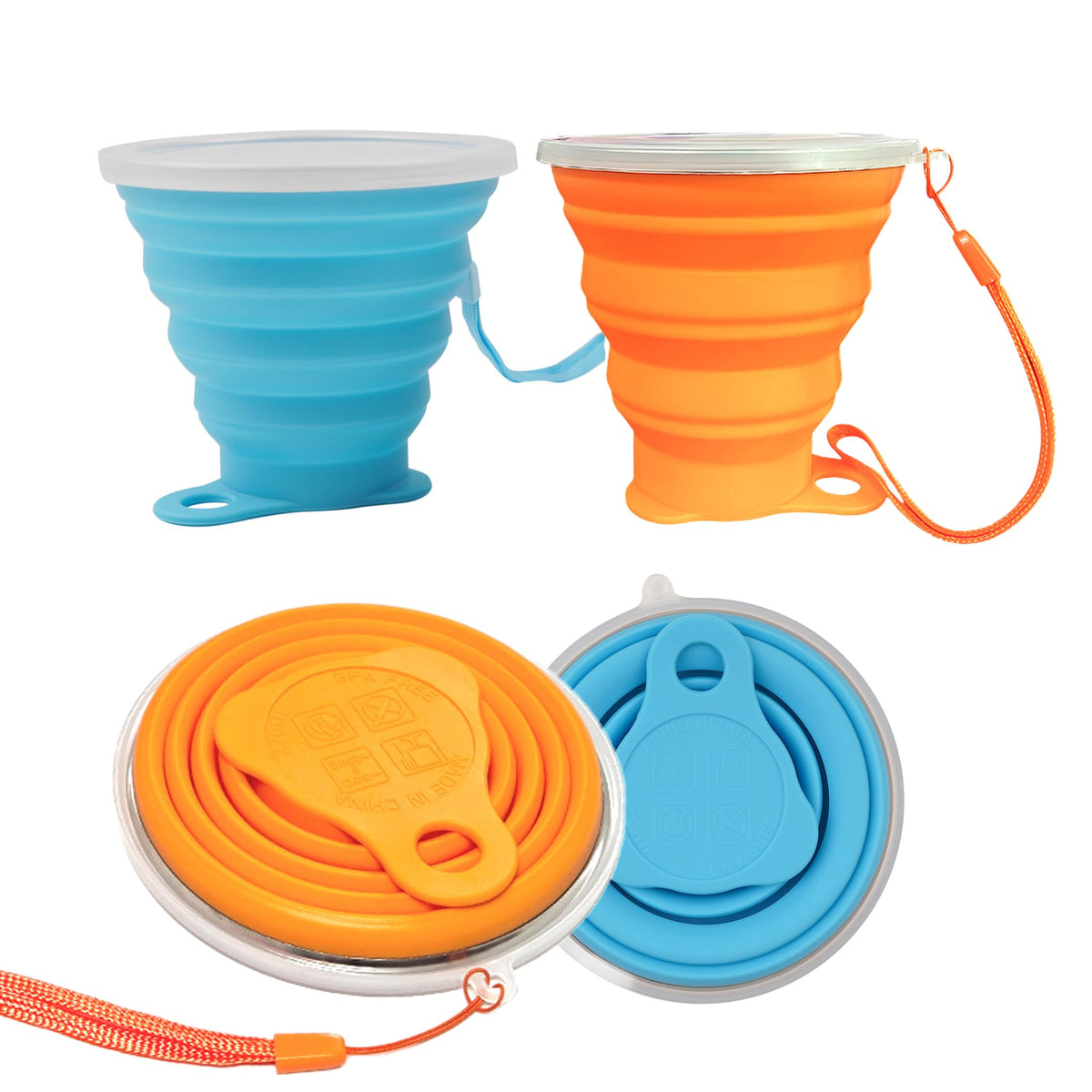 2 Pack Collapsible Silicone Travel Cups with Lids Portable Folding Camping Cups (Grey & Blue)