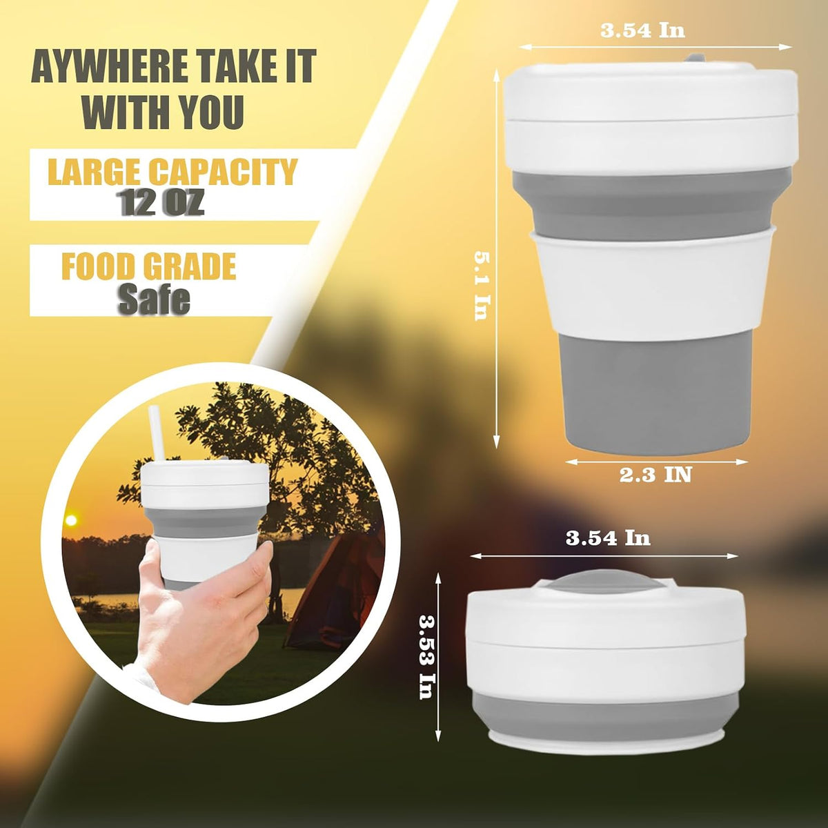 12 OZ Collapsible Travel Cup with Lid,Silicone Foldable Drinking Cup for Camping Hiking,Portable Silicone Water Bottle for Hot and Cold Beverages with Straw- Grey & White(Including Bag)