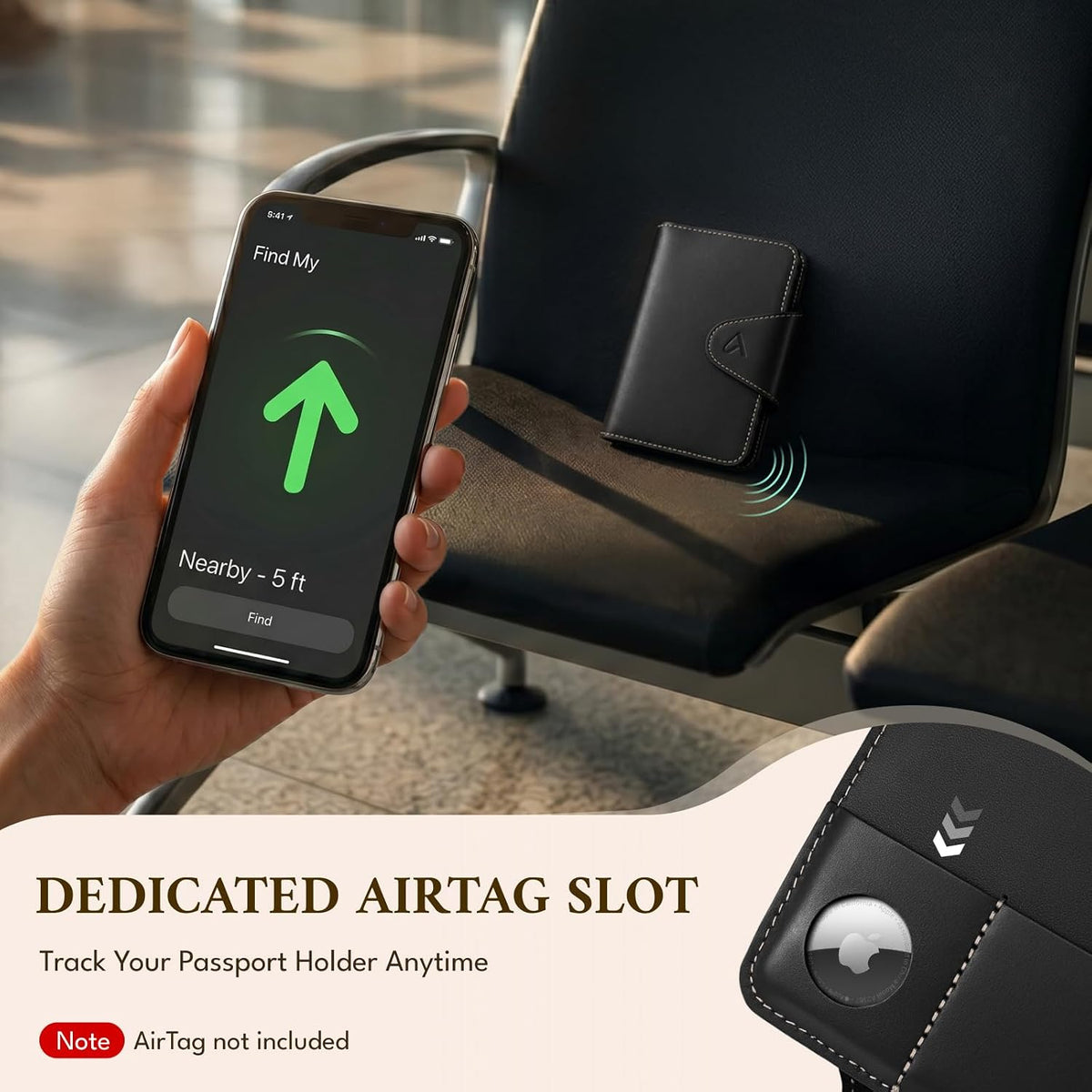ALLIVE RFID Passport Holder, Genuine Leather Travel Wallet with AirTag Slot