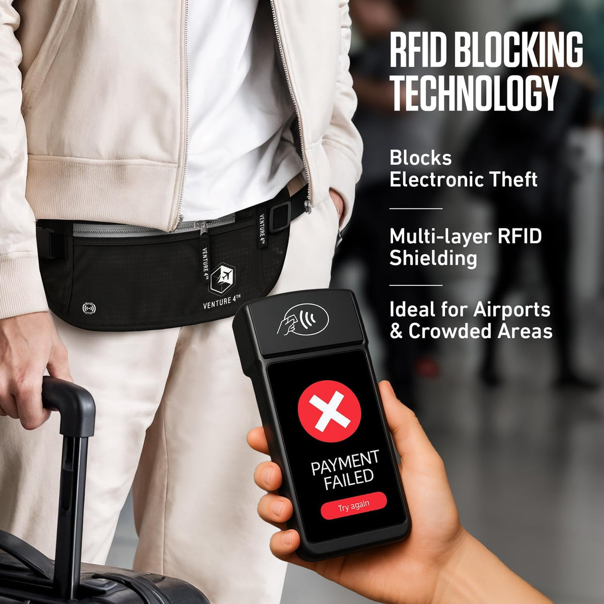 VENTURE 4TH Travel Money Belt, RFID Blocking Passport Holder - Black