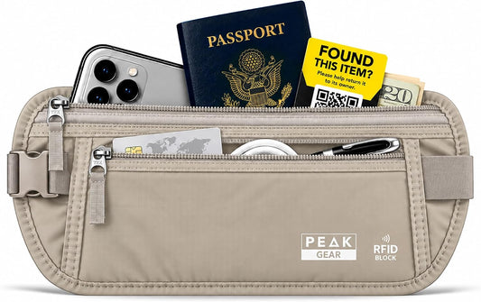 Peak Gear RFID Blocking Travel Money Belt, Hidden Passport Wallet Under Clothes for Men & Women, Anti-Theft Travel Pouch for Passport, Cash, Credit Cards & Documents with 2 Recovery Tags, Beige