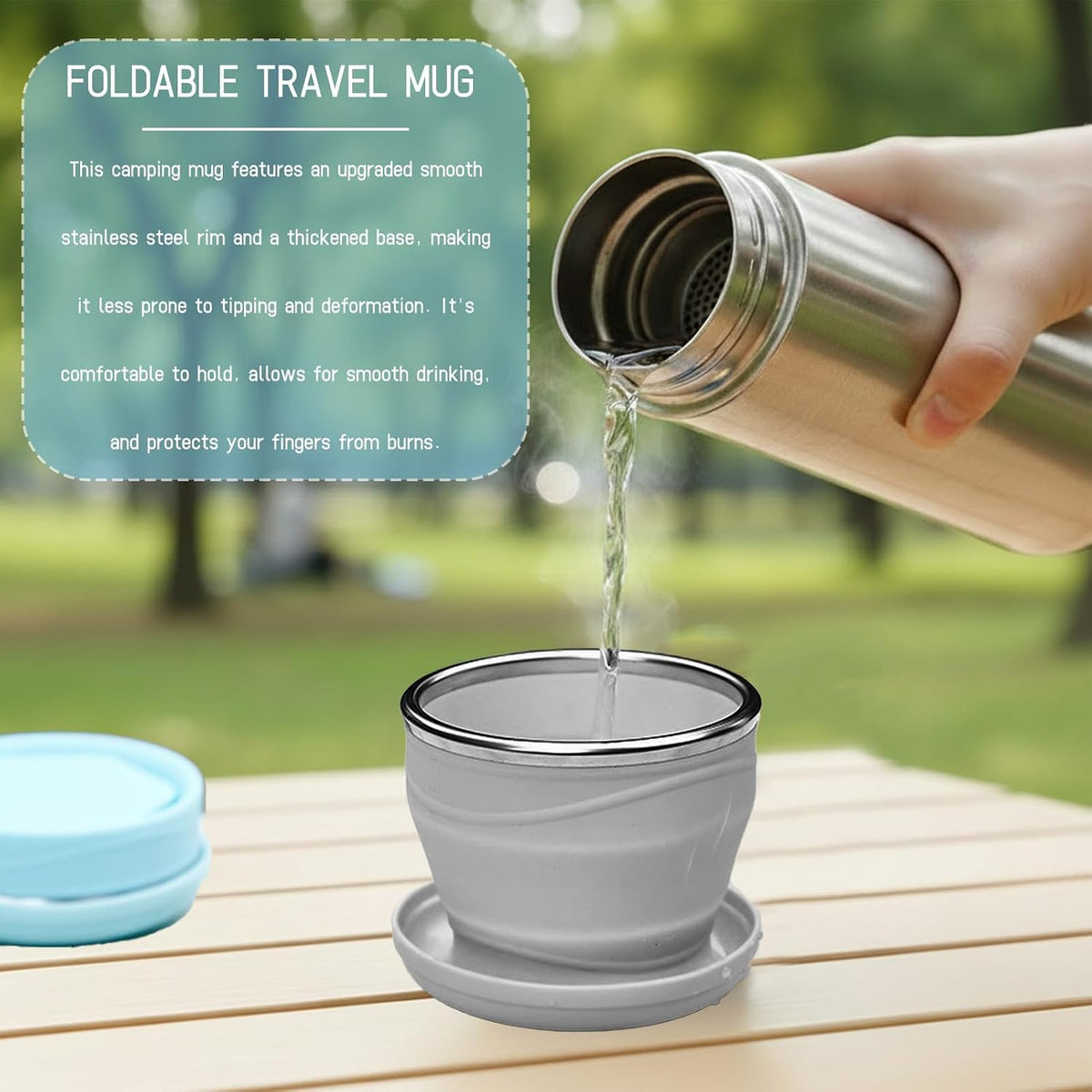 Collapsible Travel Cup,Reusable Collapsible Cup,Bpa Free Silicone Folding Cup With Stainless Steel Rim,180ml Portable Water Cups,For Party Outdoor Camping Travel Hotel - 2 Pcs(Blue,Grey)