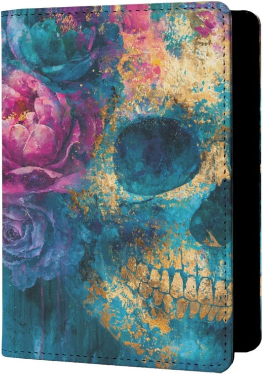 Womens Skull Print Passport Cover Leather Floral Passport Holder Protector with Credit Card Slots Passport Holder for Travel Blue Green Purple Onesize