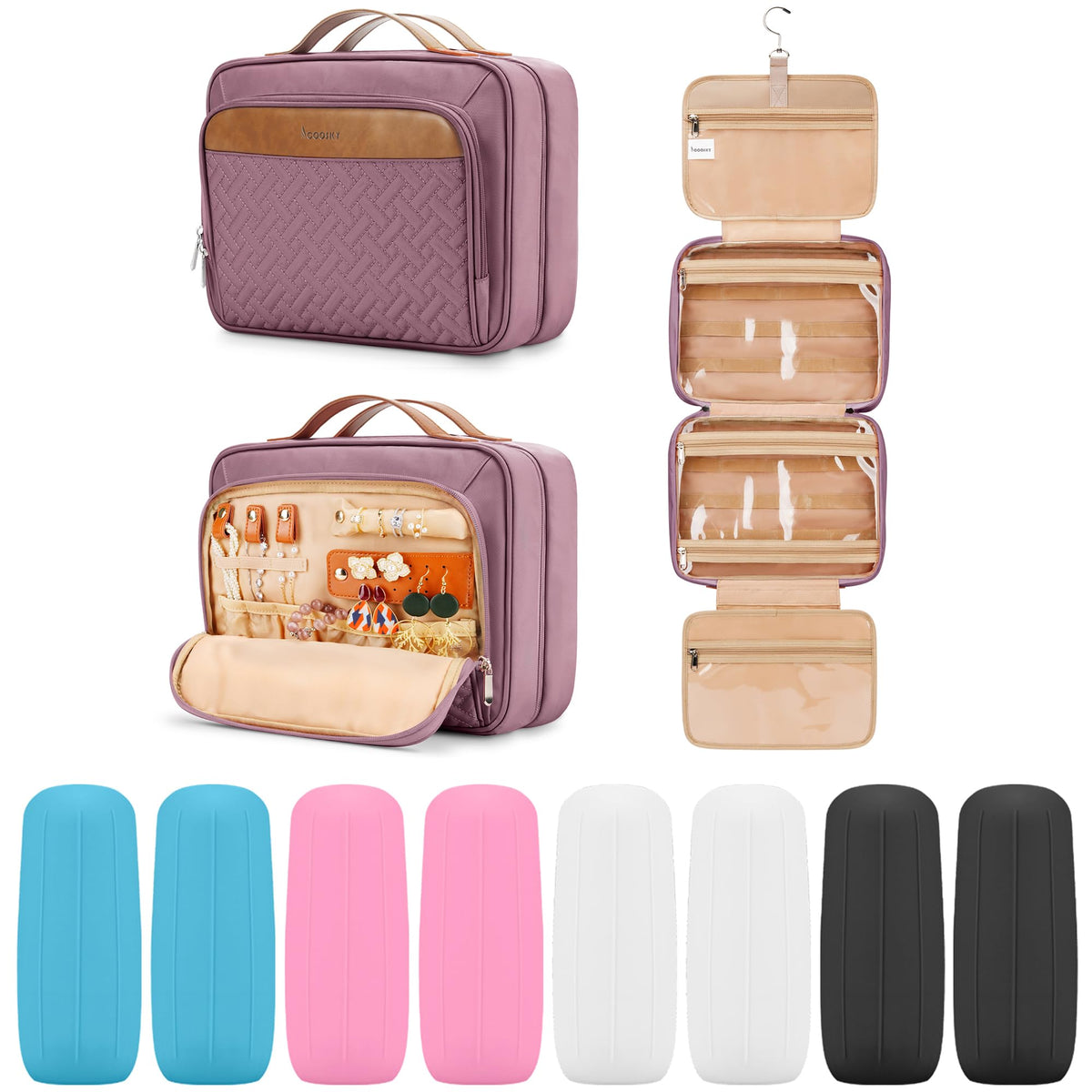 COOSKY Travel Hanging Toiletry Bag for Women, Holds Full-Size Shampoo, with Jewelry Organizer Compartment, Extra Large Makeup Bag, Waterproof Cosmetic Bag, Toiletries Kit Set with Trolley Belt, Black