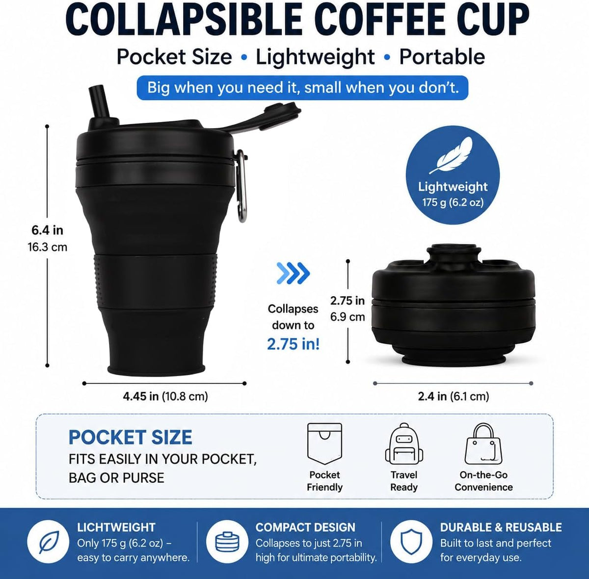 Silicone Coffee Cup with Straw lid Collapsible Cups for Traveling 20oz Lightweight Folding Water Mug for Picnic Hicking Camping Climbing (Black)