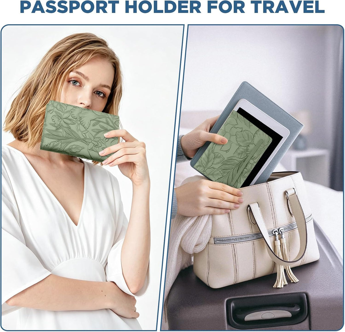 Passport Holder for Travel Essentials，Cute Embossed Floral Pattern RFID Blocking Leather Passport Wallet Cover，Essentials Items for Men and Women's Travel，Green