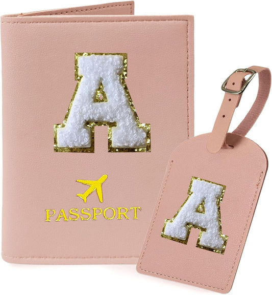 COSHAYSOO Pink Passport Cover Book Holder Travel Luggage Tag Set for Women Teen Girls with Initial Monogram Letter, Cute Airplane Essentials Personalized Cruise Accessories Trip Favor Gifts A