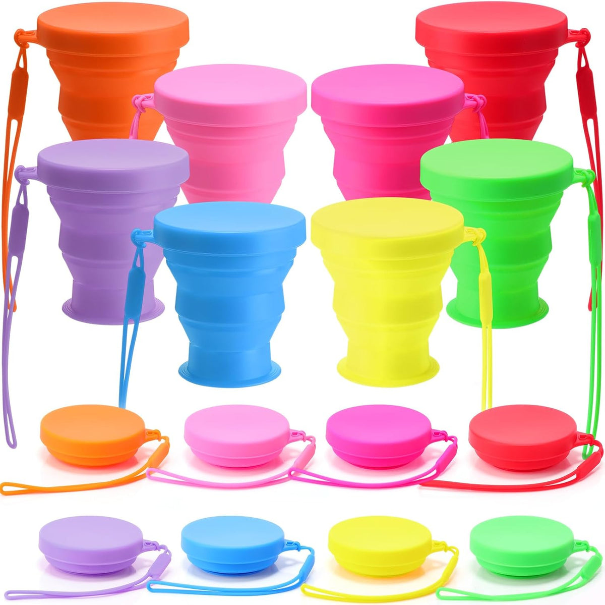 Funnymoom 8 Pcs Collapsible Silicone Cups with Lids, 7 oz, Rainbow Colors