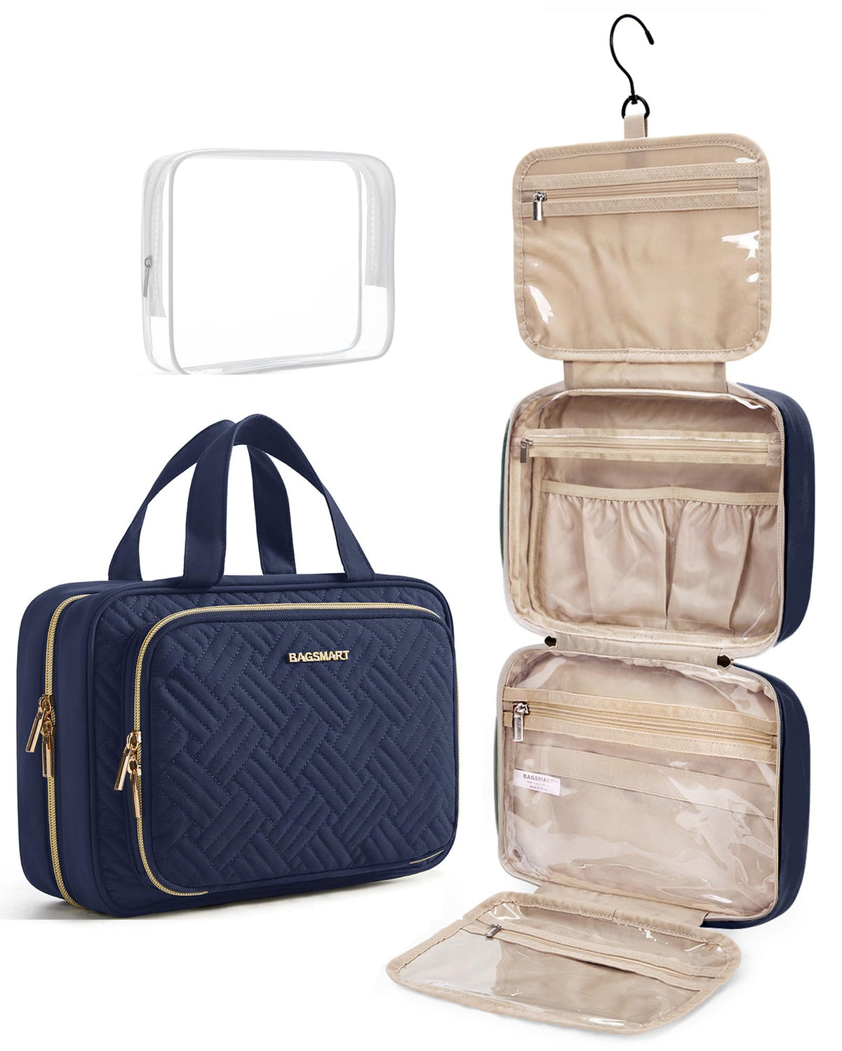 BAGSMART Toiletry Bag Hanging Travel Makeup Organizer with TSA Approved Transparent Cosmetic Bag Makeup Bag for Full Sized Toiletries, Medium-Black