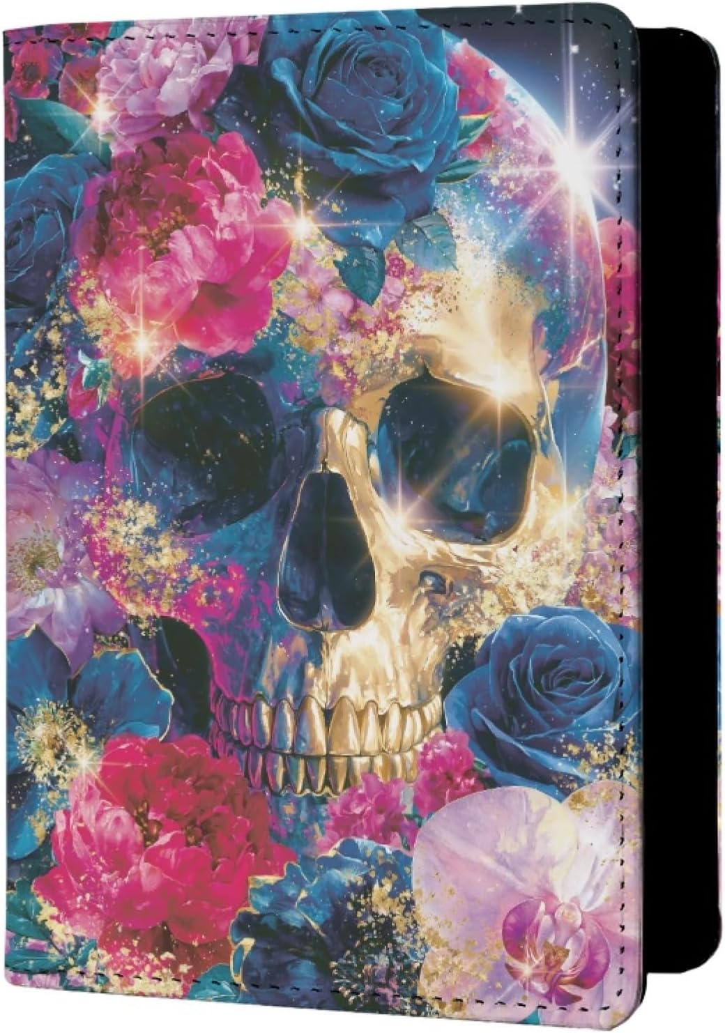 Womens Skull Print Passport Cover Leather Floral Passport Holder Protector with Credit Card Slots Passport Holder for Travel Blue Green Purple Onesize