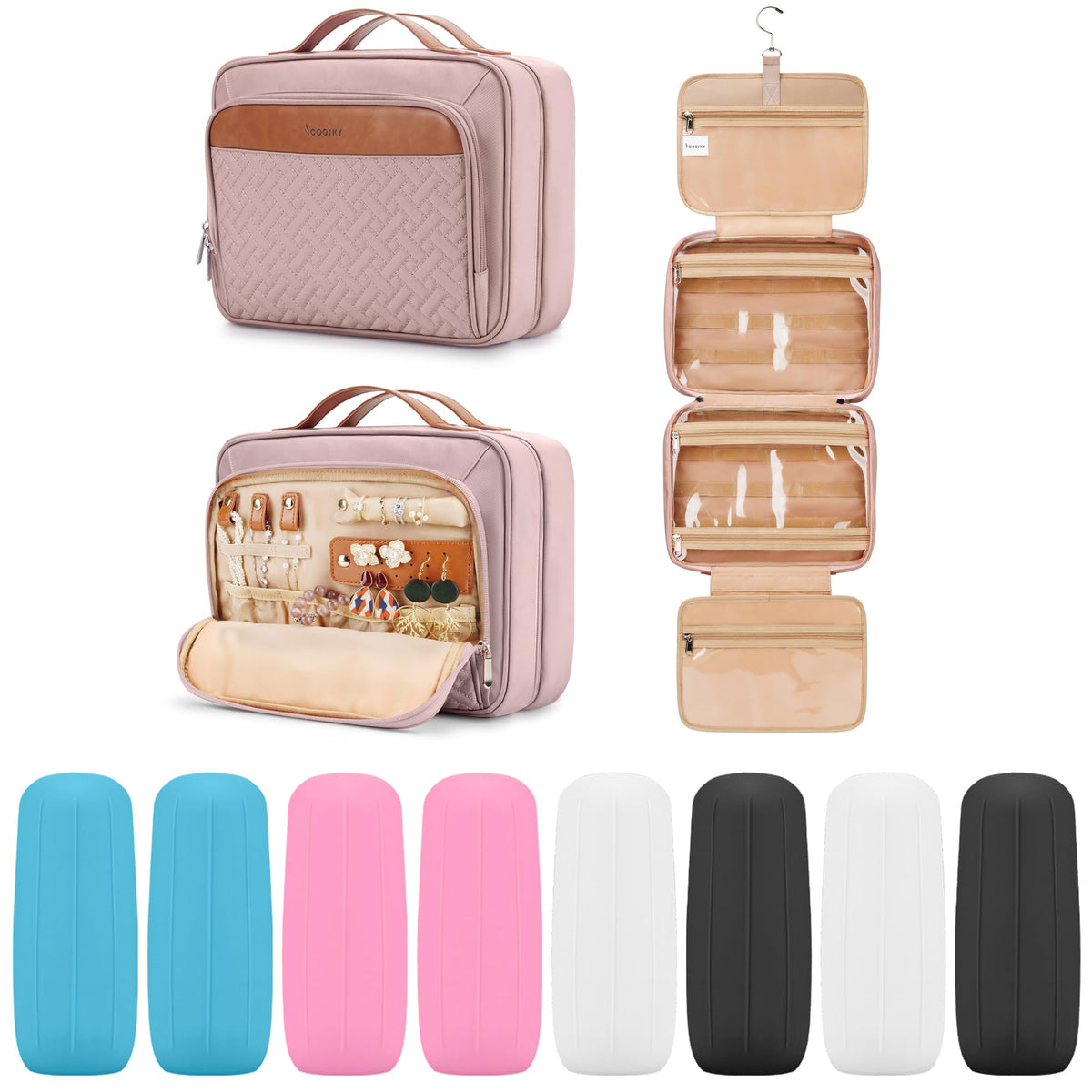COOSKY Travel Hanging Toiletry Bag for Women, Holds Full-Size Shampoo, with Jewelry Organizer Compartment, Extra Large Makeup Bag, Waterproof Cosmetic Bag, Toiletries Kit Set with Trolley Belt, Black