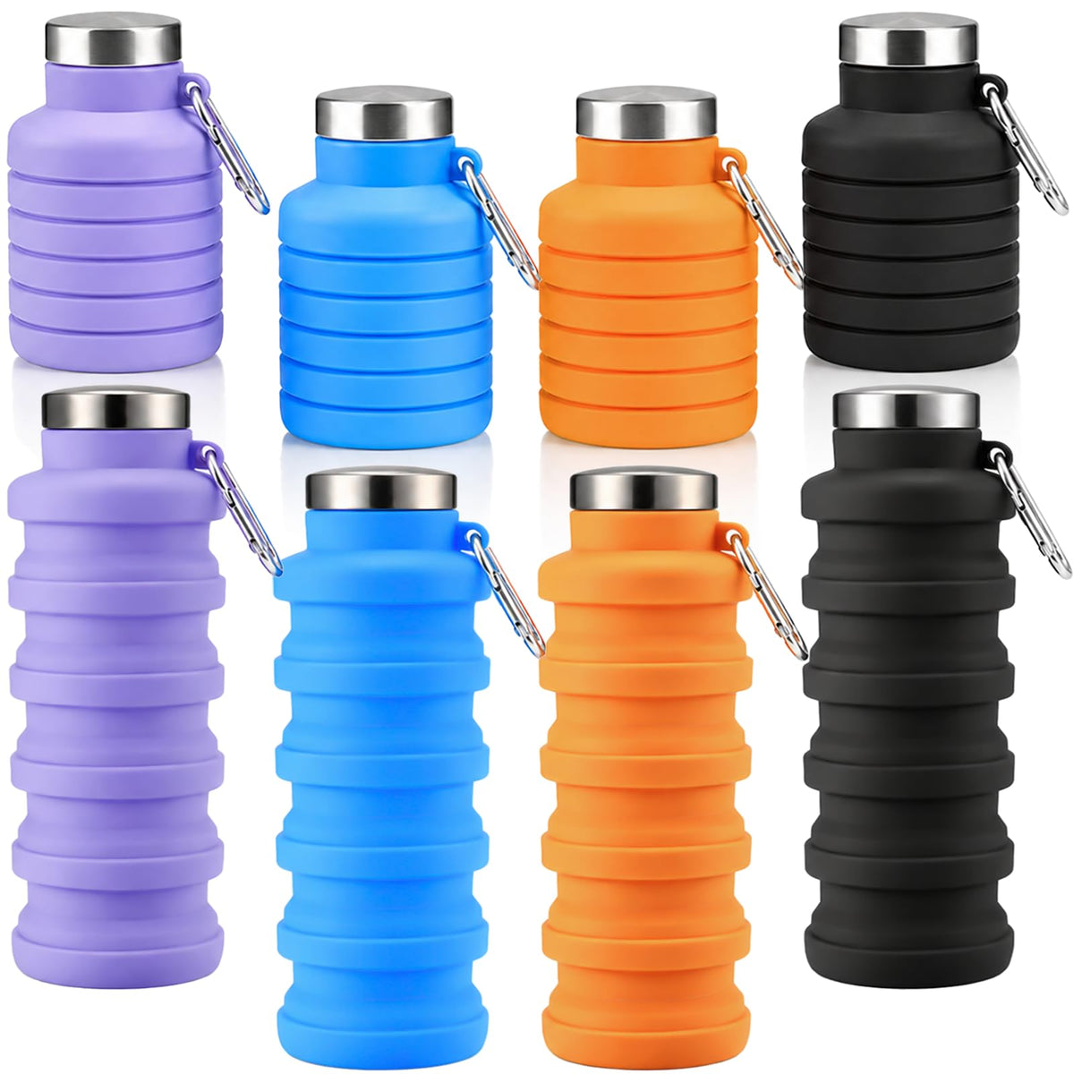 4 Pack Collapsible Water Bottles, 16oz Portable Reusable Silicone Water Bottle, Foldable Water Bottles for Travel Gym Camping Hiking, Leak Proof Sports Water Bottle with Carabiner (Bright Color)