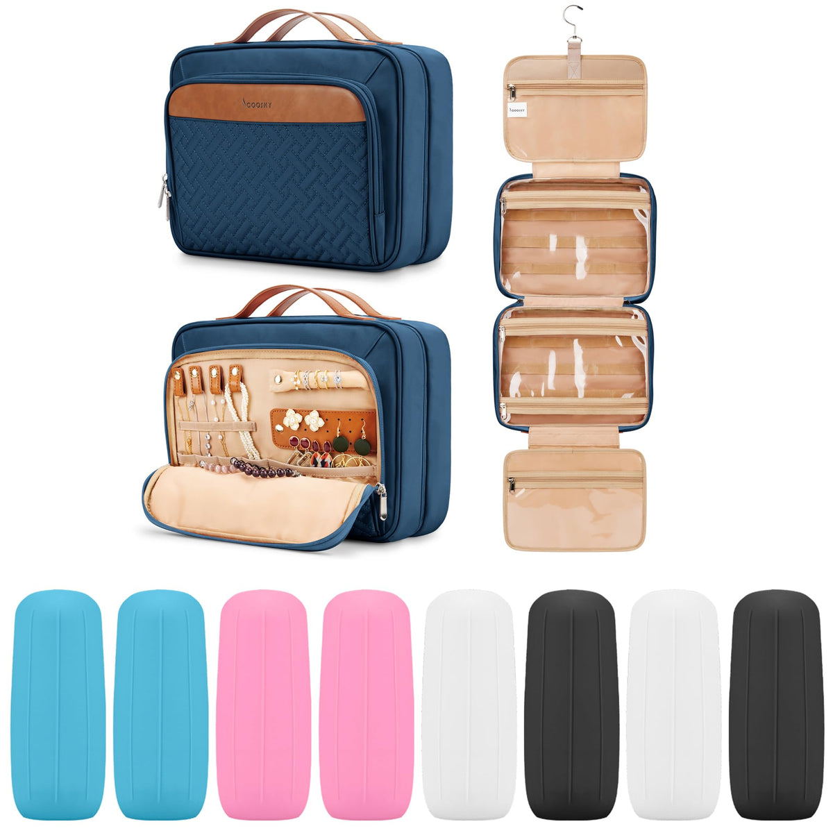 COOSKY Travel Hanging Toiletry Bag for Women, Holds Full-Size Shampoo, with Jewelry Organizer Compartment, Extra Large Makeup Bag, Waterproof Cosmetic Bag, Toiletries Kit Set with Trolley Belt, Black