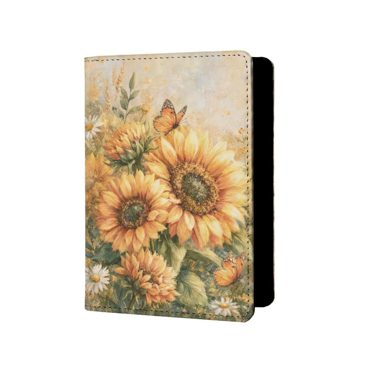 Oil Painting Floral Passport Holder for Travel Leather Womens Sunflower Passport Cover with Credit Card Slots Yellow Red Brown Onesize