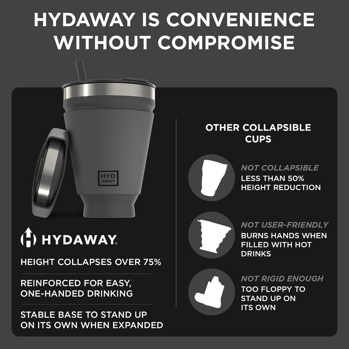 HYDAWAY Collapsible Insulated Tumbler 16oz, Reusable Coffee Cup with Straw