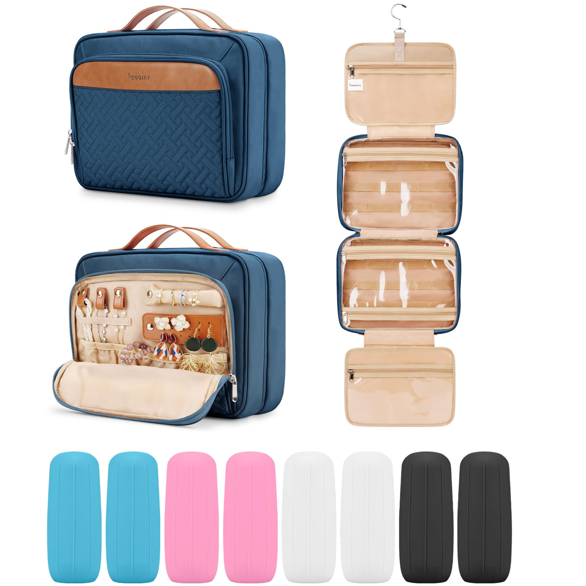 COOSKY Travel Hanging Toiletry Bag for Women, Cruise Ship Essentials, with Jewelry Organizer, Extra Large Makeup Dopp Kit, Waterproof Cosmetic Bags, Toiletries Kit Set with Trolley Belt, Green