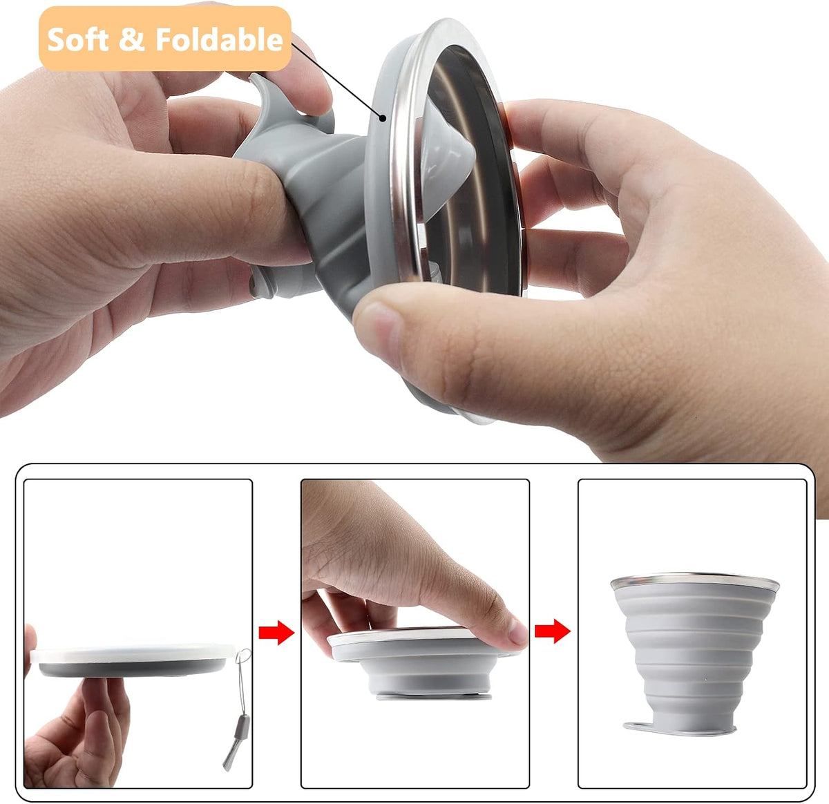 Litoexpe 2 Pack Silica gel Collapsible Travel Cup 270ml, Grey & Blue