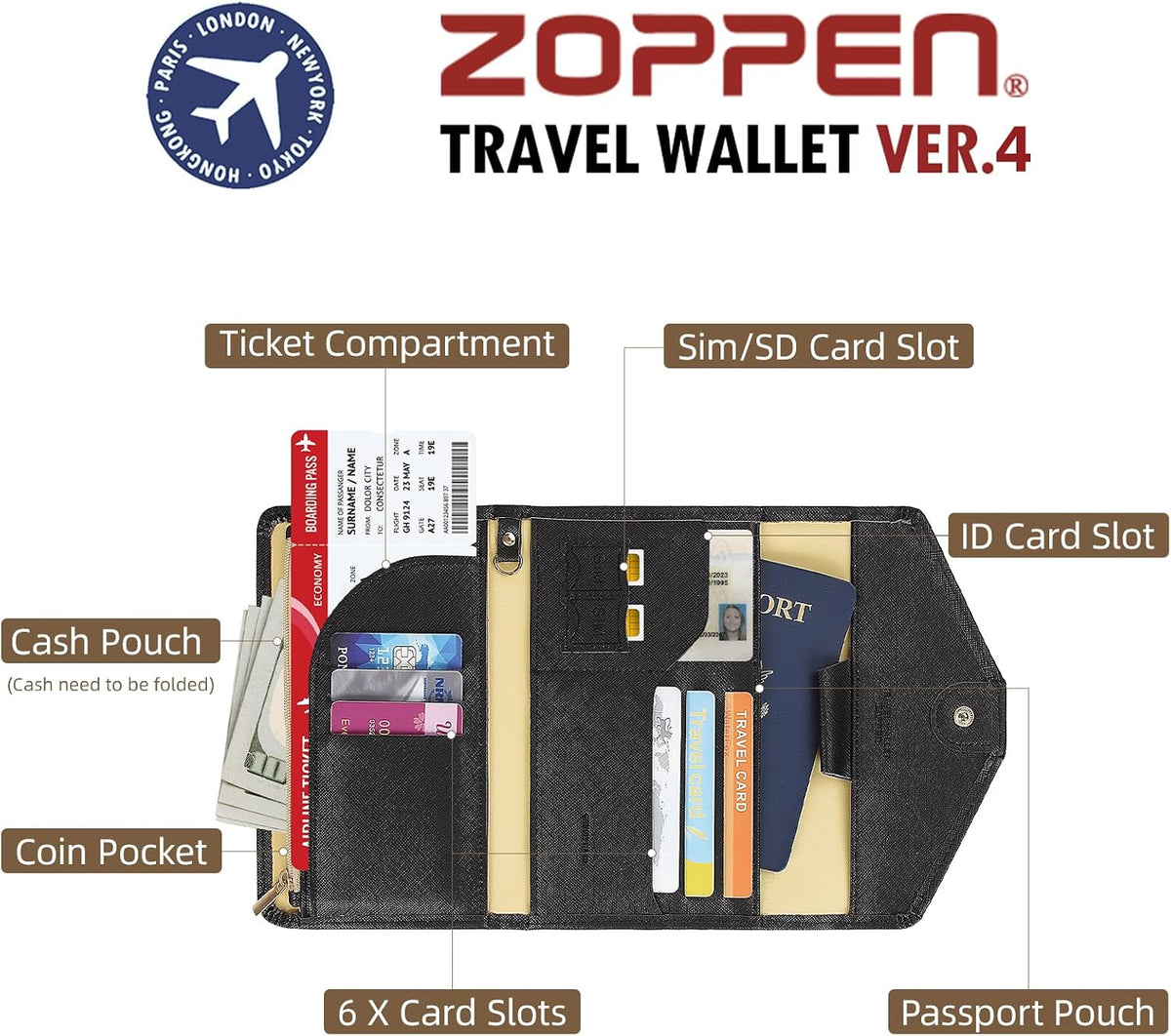 ZOPPEN Passport Holder Travel Wallet Organizer for Women,Black