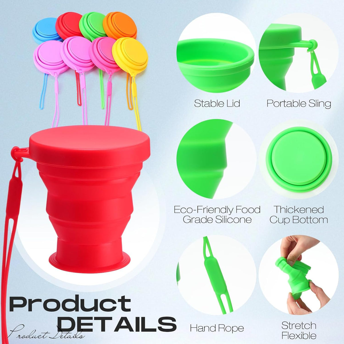Funnymoom 8 Pcs Collapsible Silicone Cups with Lids, 7 oz, Rainbow Colors
