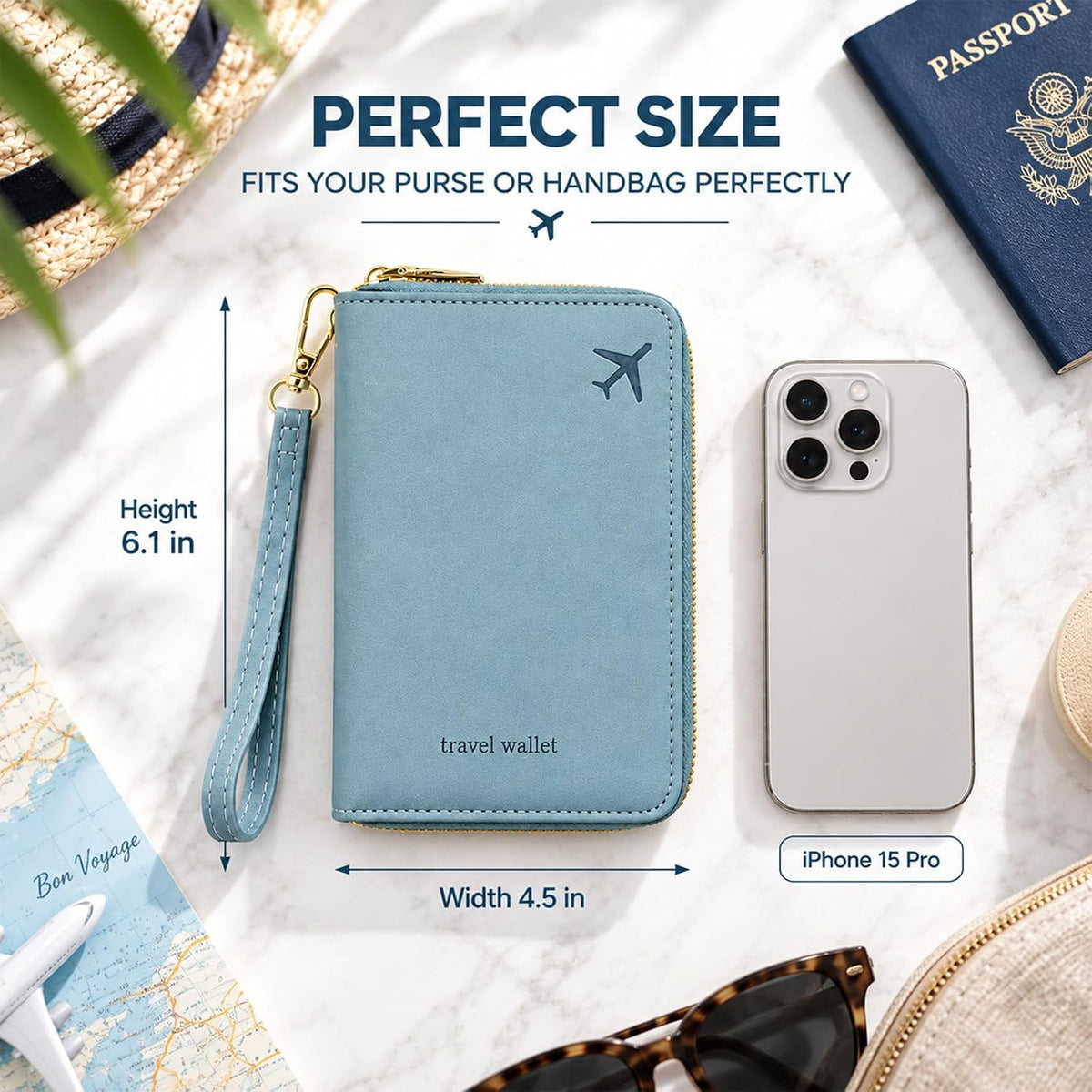 Travel Wallet Passport Holder, RFID Blocking Passport Cover with Zipper, Multi Compartment Travel Documents Organizer, Passport Book Protector with Card Slot, Passport Case for Women,Men,Family