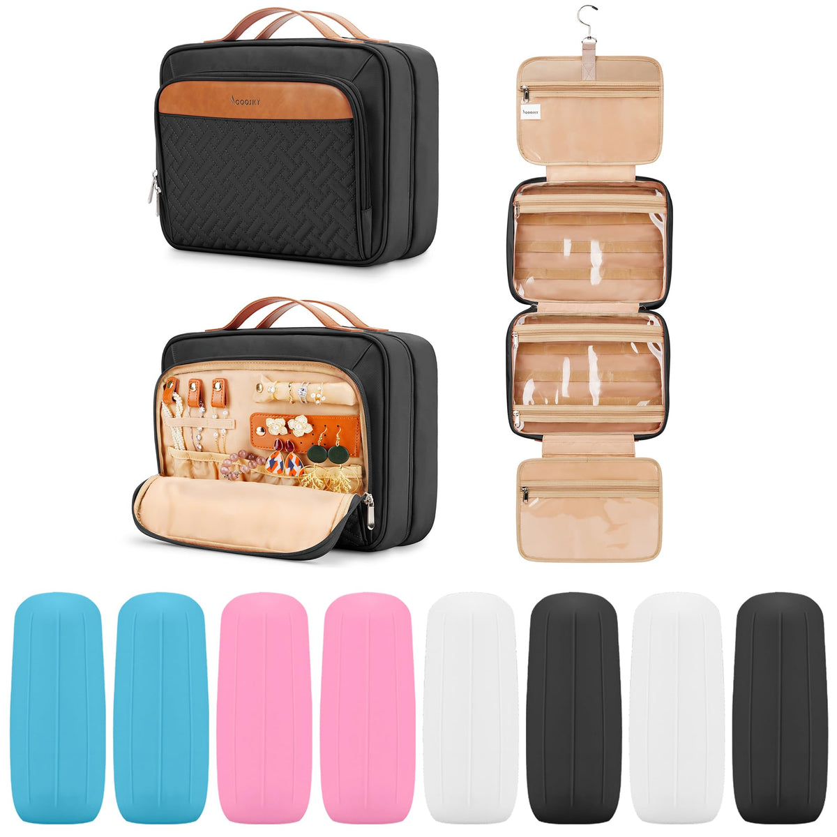 COOSKY Travel Hanging Toiletry Bag for Women, Cruise Ship Essentials, with Jewelry Organizer, Extra Large Makeup Dopp Kit, Waterproof Cosmetic Bags, Toiletries Kit Set with Trolley Belt, Green