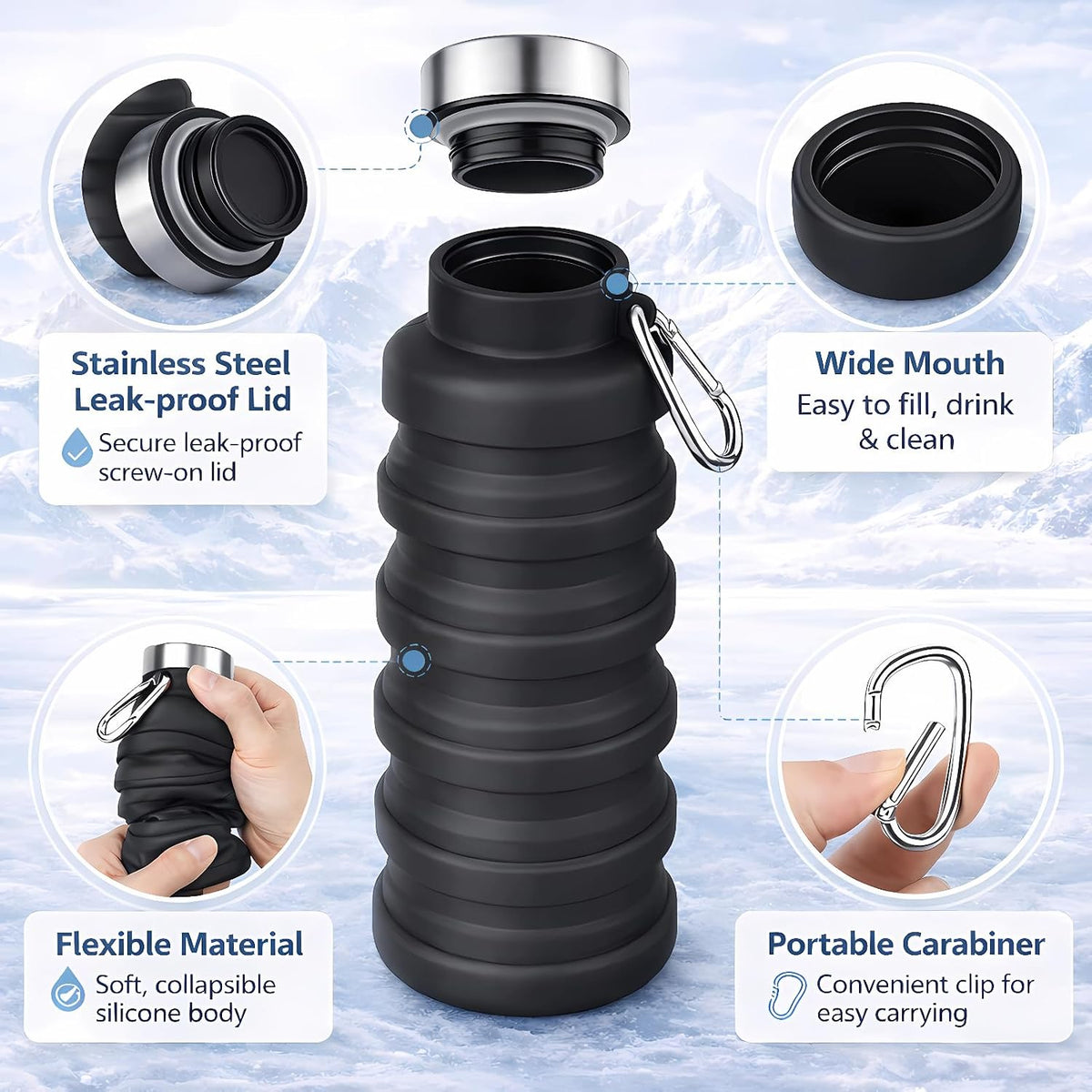 Collapsible Water Bottles,Silicone Water Bottle,16oz Capacity Portable Reusable,Leak-proof,with buckle,foldable storage,Lightweight Durable for Fitness,Cycling,Sports,Camping,Hiking (Black)