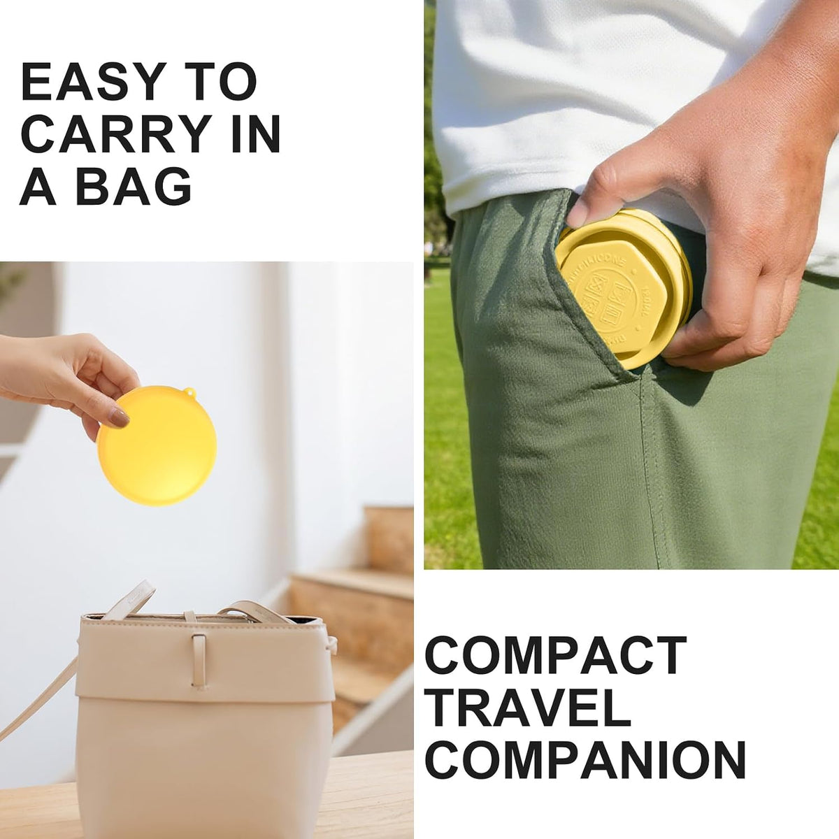 Collapsible Cup with Lid - 6oz Mini Silicone Folding Travel Cup with Steel Rim - BPA Free Small Portable Pocket Cup for Camping, Hiking, Kids, Mouthwash & Pills (Creamy yellow)