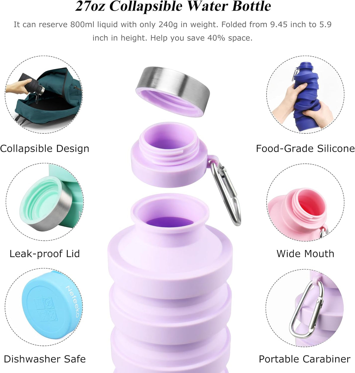 Nefeeko Collapsible Water Bottle, Reuseable BPA Free Silicone Water Bottles