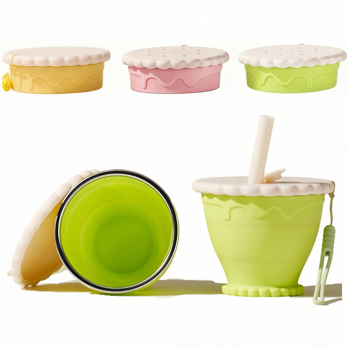 Silicone Collapsible Travel Cup with Straw (8.6oz/255ml) - Folding Camping Cup with Lids - Sakura Pink