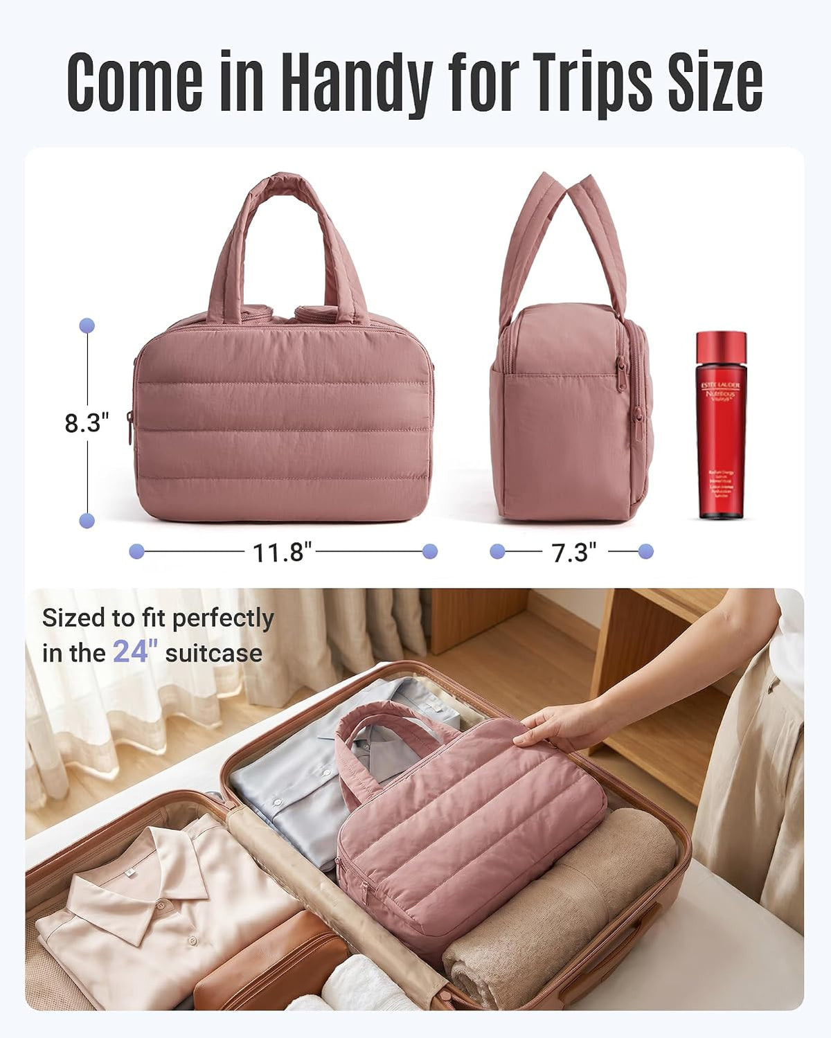 LIGHT FLIGHT Travel Toiletry Bag, Quilted Travel Makeup Cosmetic Bag Organizer, Toiletry Bags for Traveling Women, Make up Bag with Handle, Dark Pink