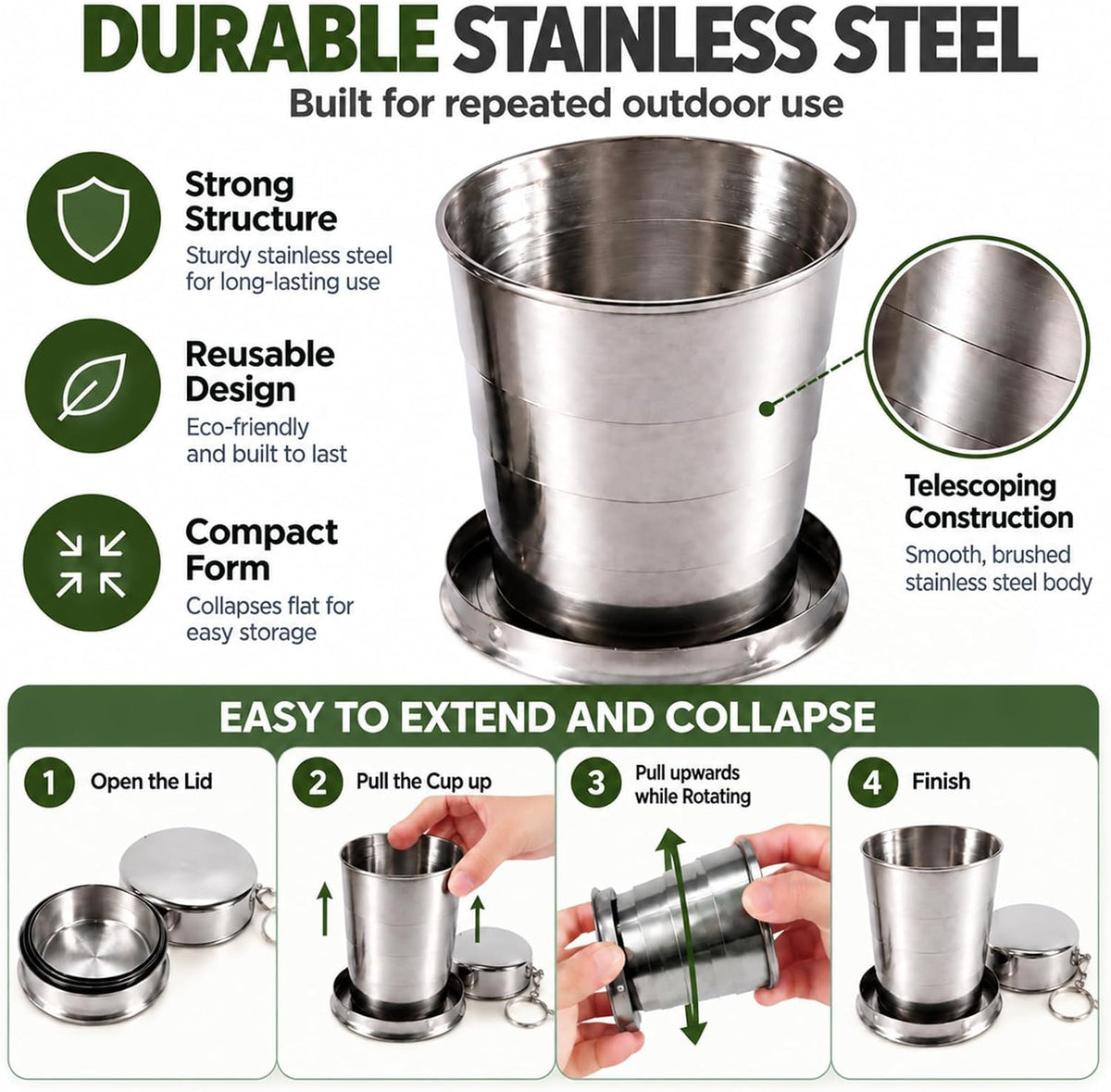 Guyuyii 3 Pcs Stainless Steel Collapsible Cups for Traveling with Keychains