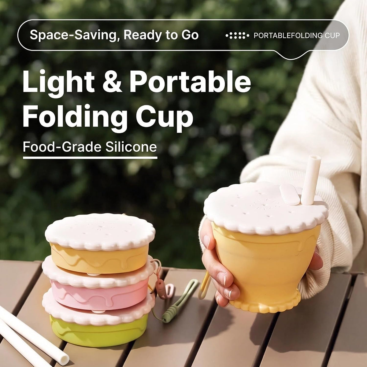 Silicone Collapsible Travel Cup with Straw (8.6oz/255ml) - Folding Camping Cup with Lids - Sakura Pink