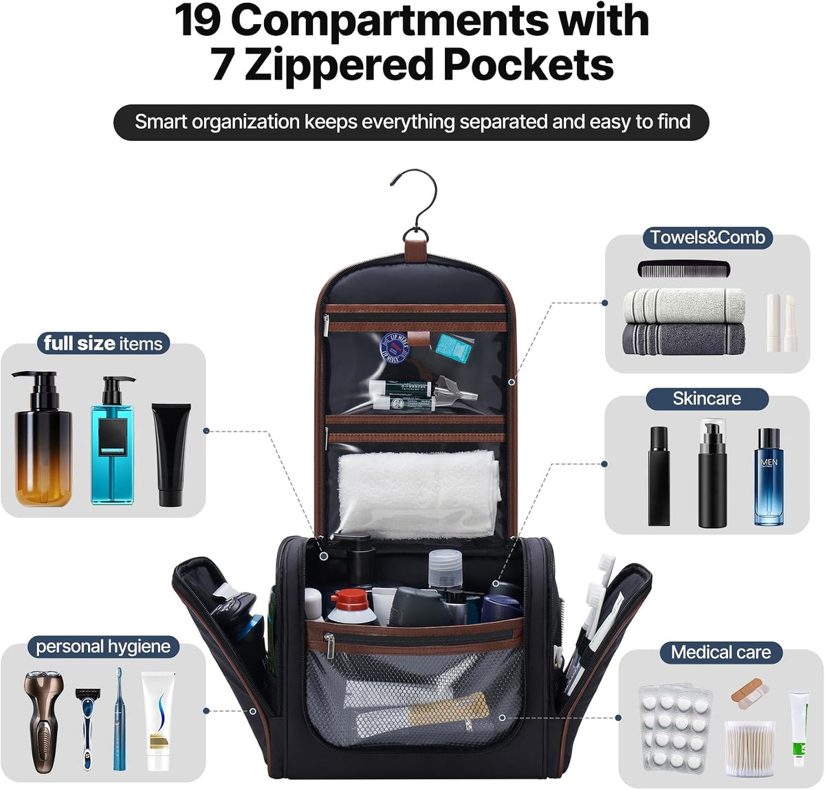 ZAHNI Men’s Hanging Toiletry Bag, Large Capacity Toiletry Organizer