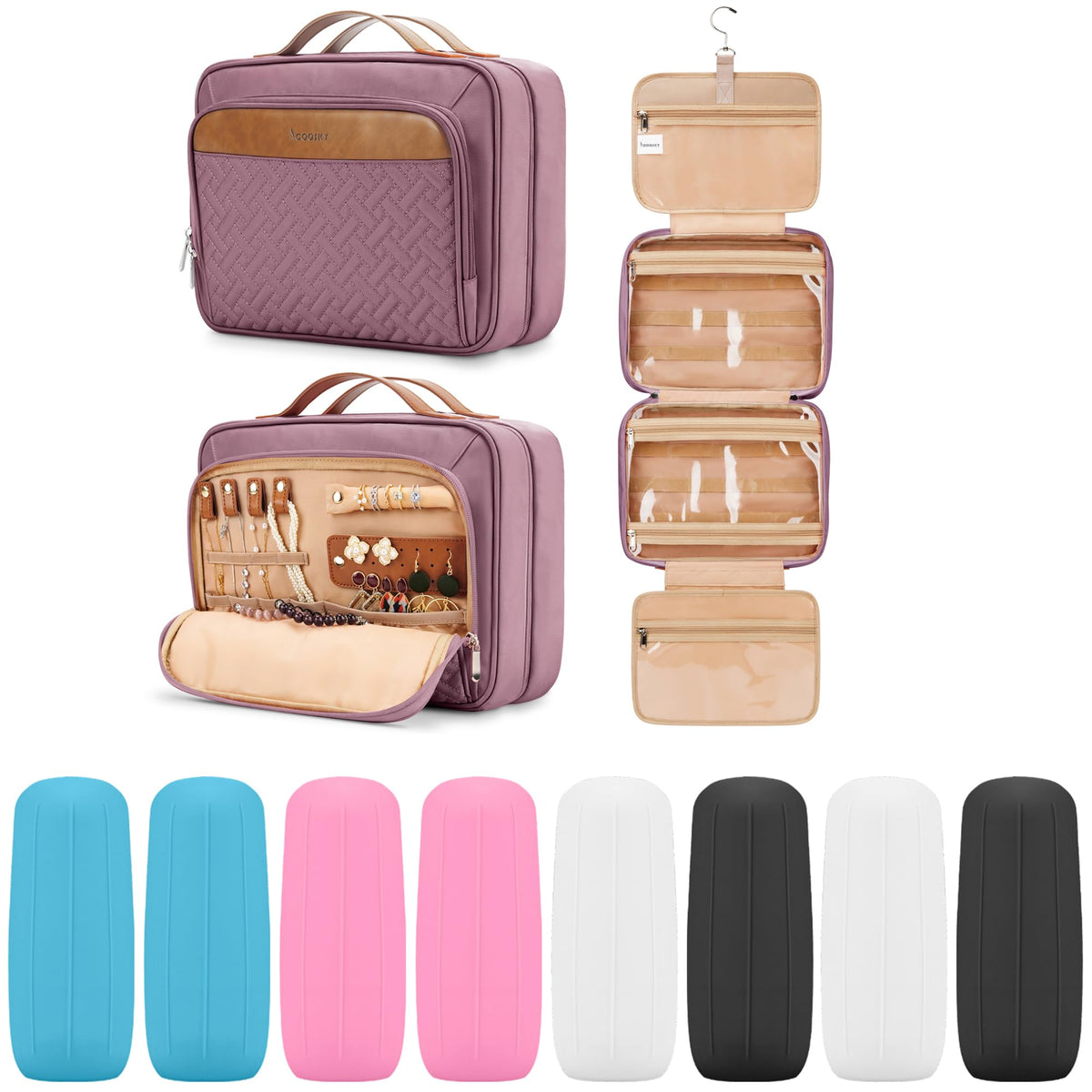 COOSKY Travel Hanging Toiletry Bag for Women, Cruise Ship Essentials, with Jewelry Organizer, Extra Large Makeup Dopp Kit, Waterproof Cosmetic Bags, Toiletries Kit Set with Trolley Belt, Green