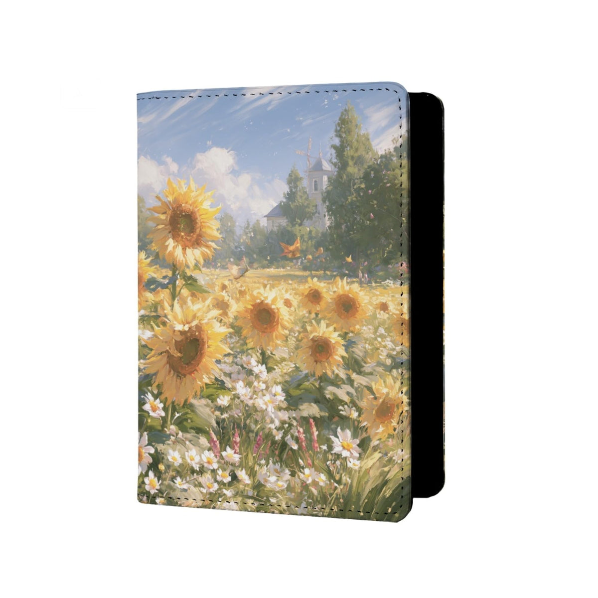 Oil Painting Floral Passport Holder for Travel Leather Womens Sunflower Passport Cover with Credit Card Slots Yellow Red Brown Onesize