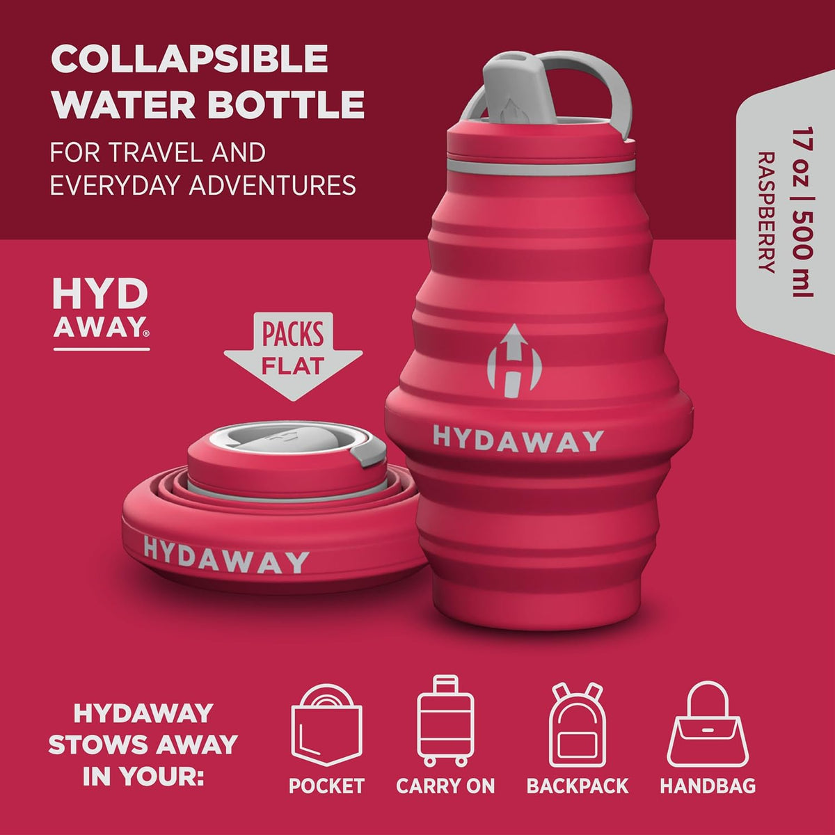 HYDAWAY 17oz Collapsible Water Bottle, Packable Leakproof for Travel