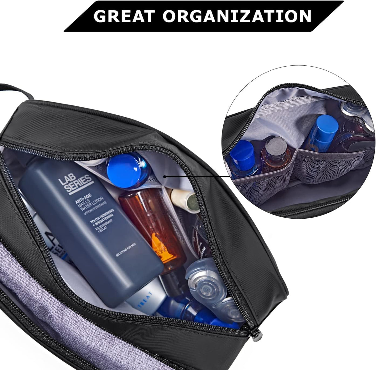 BAGSMART Toiletry Bag for Men, Travel Toiletry Organizer Dopp Kit Water-resistant Shaving Bag for Toiletries Accessories, Door Room Essentials,Black-basic