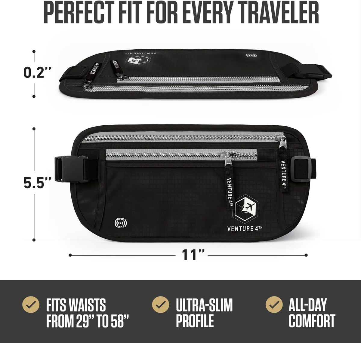 VENTURE 4TH Travel Money Belt, RFID Blocking Passport Holder - Black