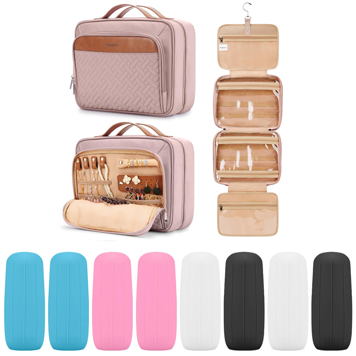 COOSKY Travel Hanging Toiletry Bag for Women, Cruise Ship Essentials, with Jewelry Organizer, Extra Large Makeup Dopp Kit, Waterproof Cosmetic Bags, Toiletries Kit Set with Trolley Belt, Green