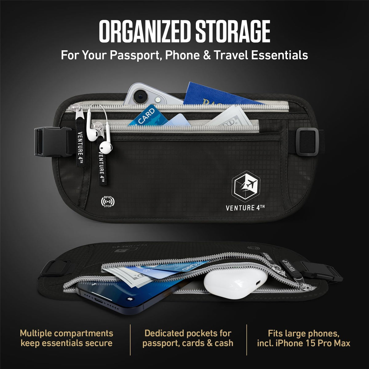 VENTURE 4TH Travel Money Belt, RFID Blocking Passport Holder - Black
