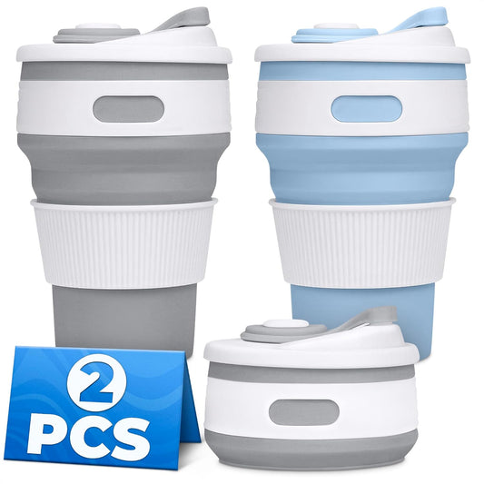 Collapsible Coffee Cup with Lid, 12oz 2-Pack Silicone, Foldable, Blue