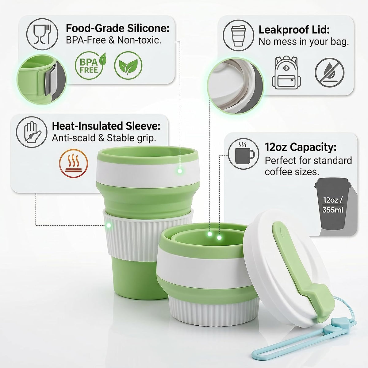 4-Pack Collapsible Cup Reusable – 12oz Leakproof Travel Coffee Mug, Silicone, Foldable & Portable for Hiking, Camping, Office | Lightweight, Heat-Resistant, Easy to Clean, Outdoor & Travel Cup