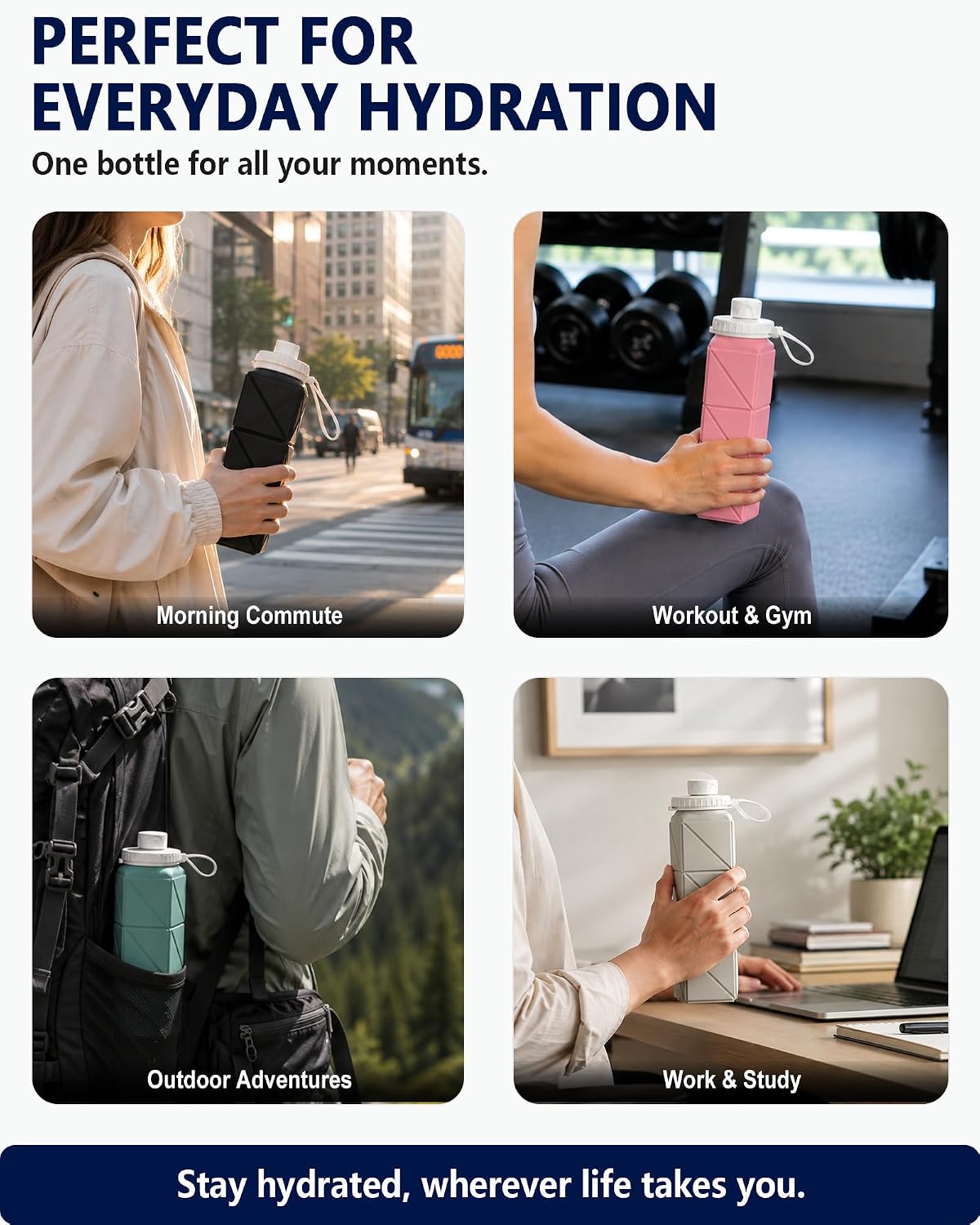 BEAUTAIL Collapsible Water Bottles 21oz/610mL, Silicone Travel Water Bottle