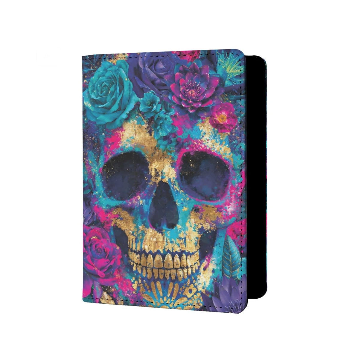 Womens Skull Print Passport Cover Leather Floral Passport Holder Protector with Credit Card Slots Passport Holder for Travel Blue Green Purple Onesize