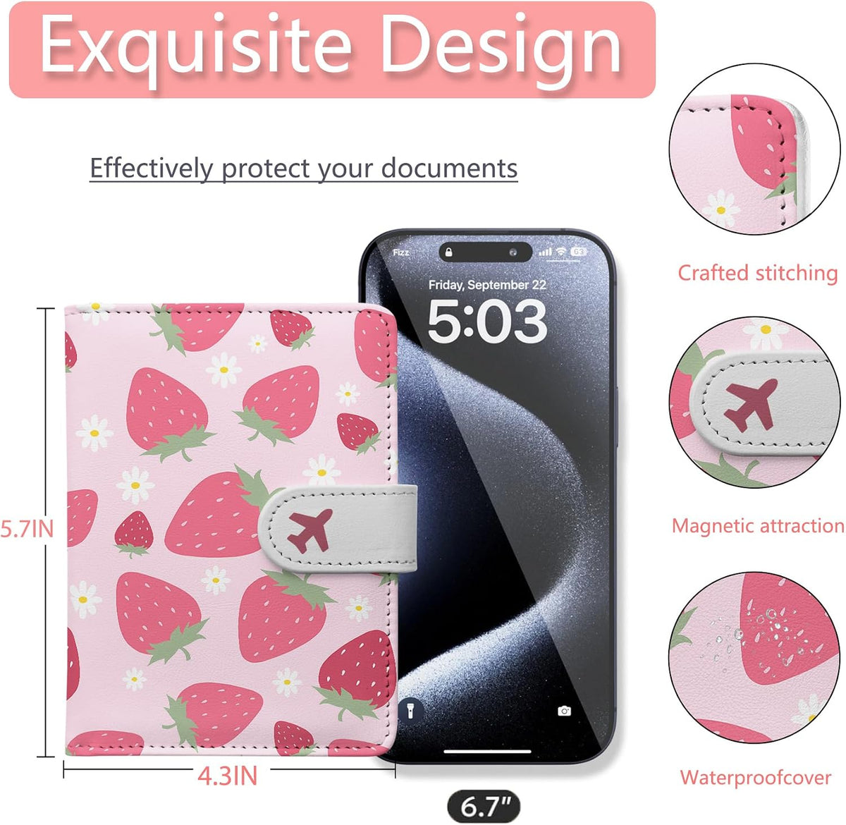 Passport Holder, Cute Travel Wallet Cover with RFID Blocking,Strawberry