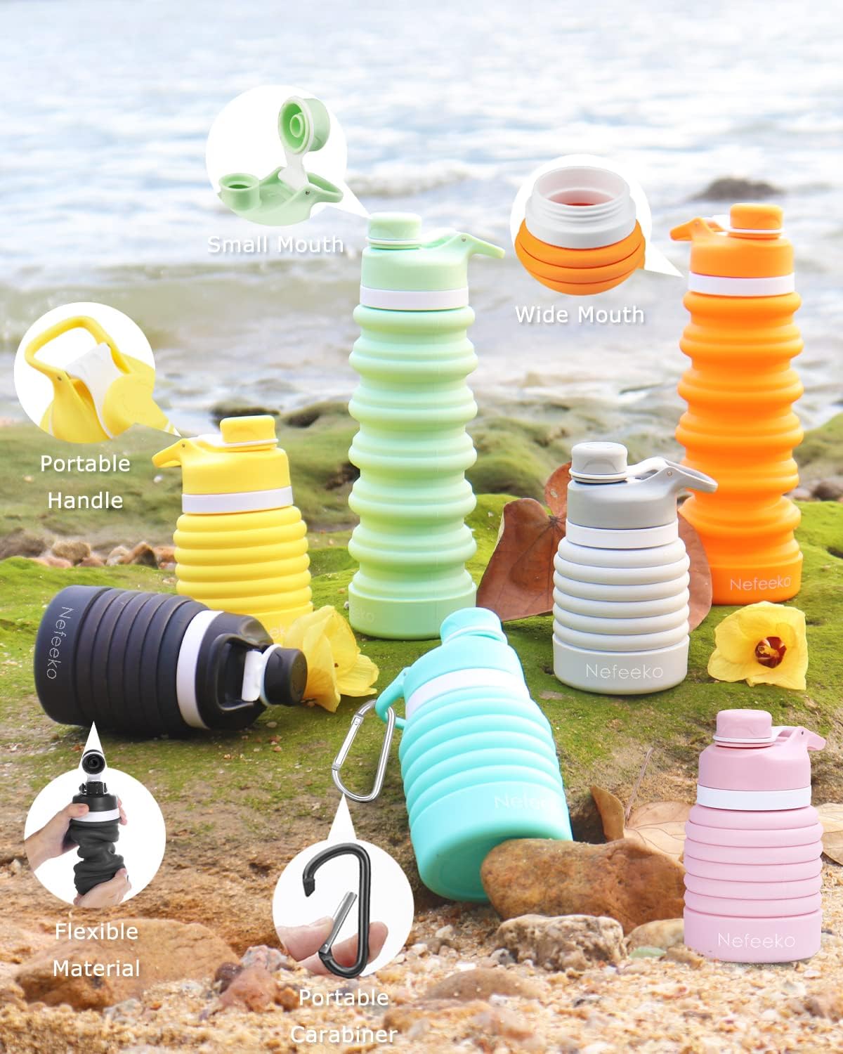 Nefeeko Collapsible Water Bottle, 26oz Silicone Foldable Water Bottles