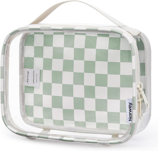 Narwey TSA Approved Toiletry Bag Carry on Clear Toiletry Bag Makeup Bag, Airport Airline Quart Size Travel Bags, Waterproof Portable Compact Cosmetic Make up Organizer Bag (Mint Green Checkerboard)