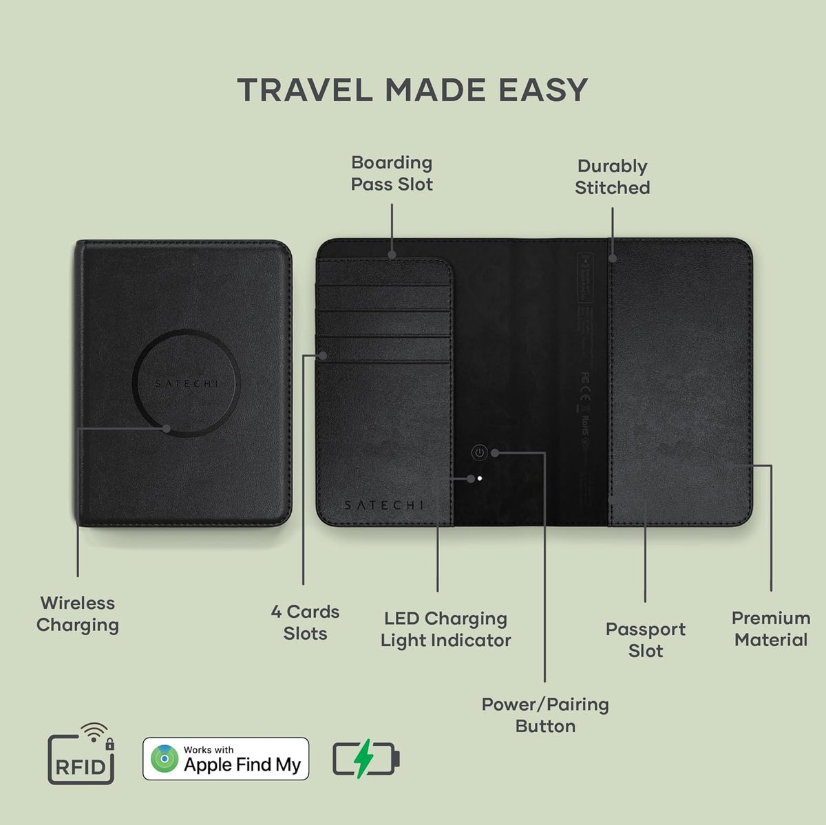 Satechi Passport Holder with Find My Tracking, 4-Slot Card Wallet, Black